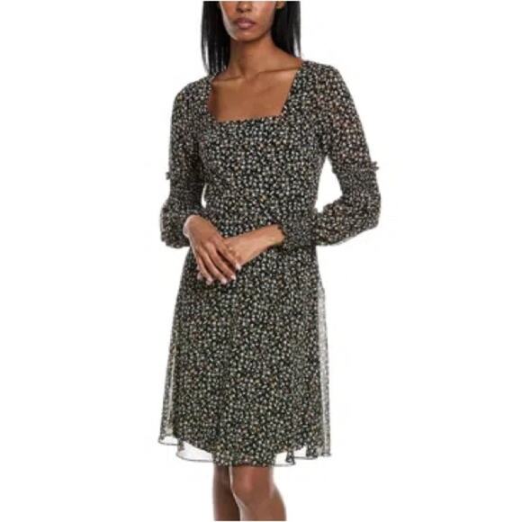 Mikael Aghal | Shirred Floral Print Chiffon Square Neck Mini Dress Long Sleeve 8 - Picture 2 of 12